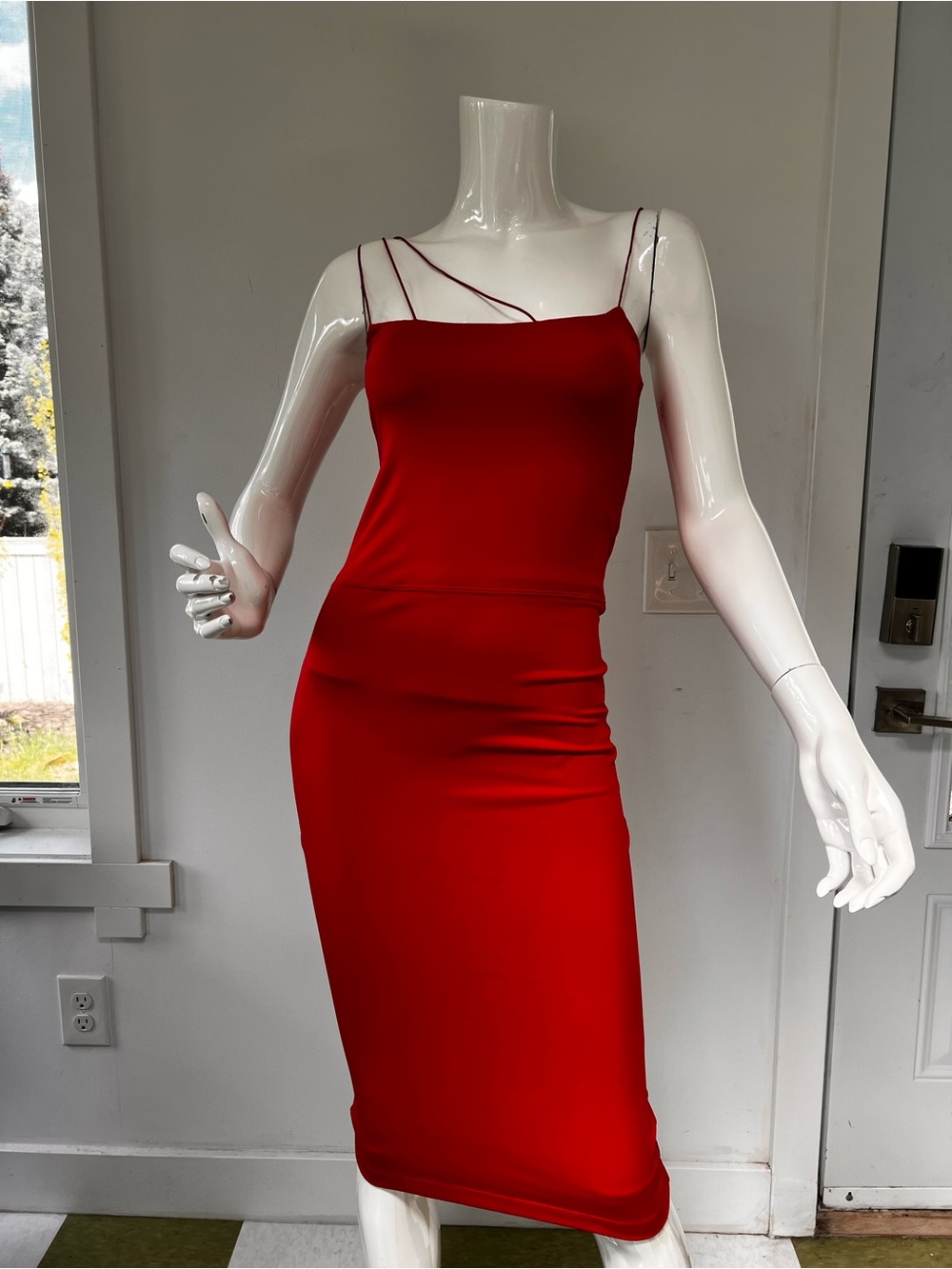 David Lerner Sexy Red Bodycon Midi Dress Spaghetti Strap Cocktail Dress USA